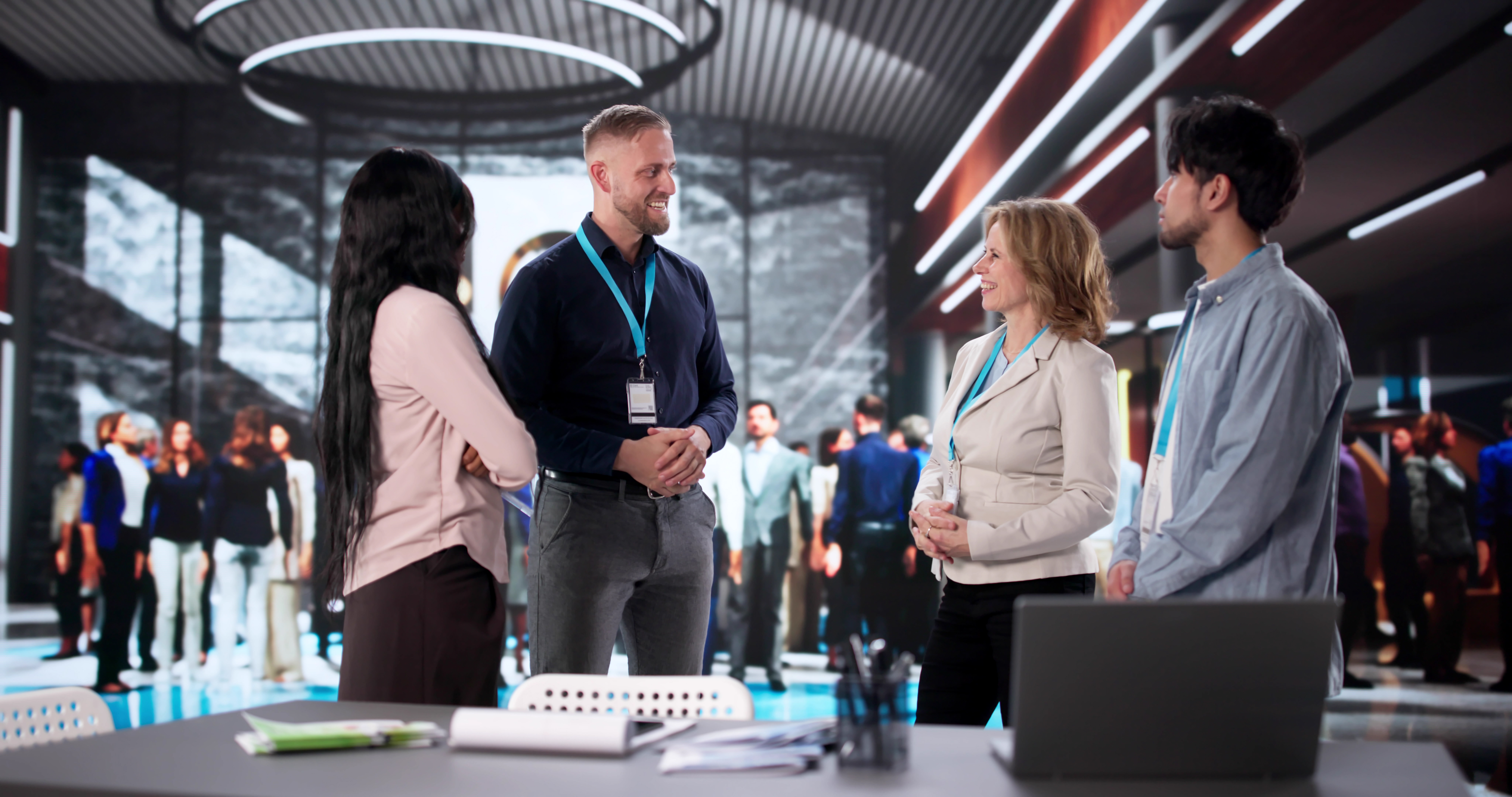 Diverse Team Of Corporate Exhibitors At International Business Fair Event